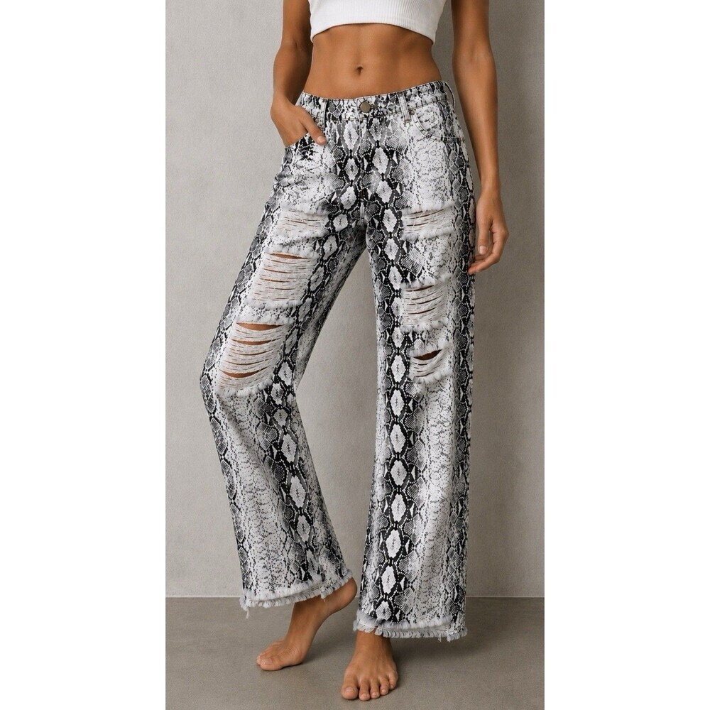 POL Python Print Distressed Cropped Ankle Jeans Fringe Hem Grunge Y2K 30x25